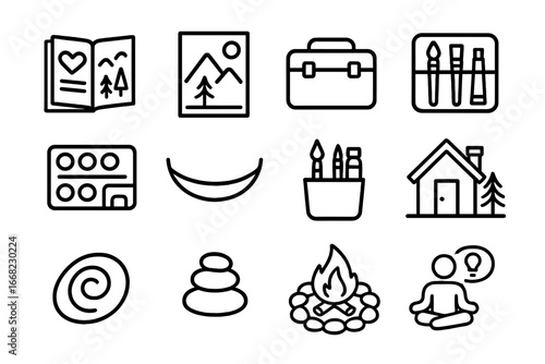 Art Retreat Icons. Outline icon set of art-focused retreat essentials: art journal, nature sketch, travel case