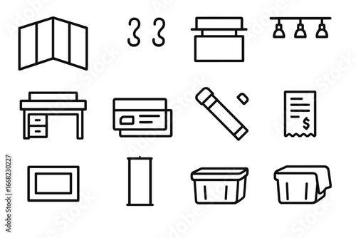 Art Fair Booth Icons. Outline icon set of art fair booth setup: modular panels, hanging hooks, booth sign,