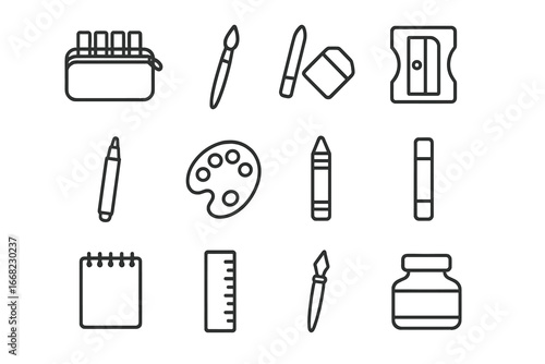 Art Supplies Icons. Outline icon set of art supplies in a pencil case: colored markers, watercolor brush,
