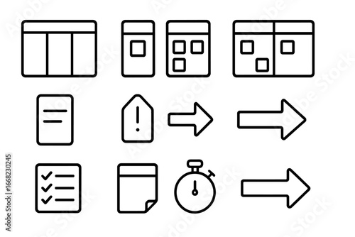Kanban Workflow Icons. Outline icon set of kanban workflow: kanban board, to-do column, in-progress column,