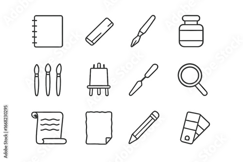 Art Tools Icons. Outline icon set of art history tools: sketchbook, charcoal stick, ink pen, pigment jar,