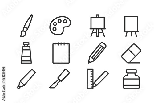 Artist Tools Icons. Outline icon set of artist tools: paintbrush, palette, easel, canvas, paint tube,