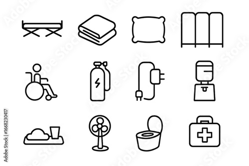 Accessible Shelter Icons. Outline icon set of accessible shelter equipment: cot, blanket, pillow, privacy