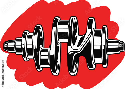 Crankshaft Icon – Bold Black and White Vector Illustration of Automotive Engine Component on Red Background