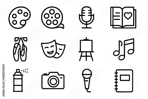 Artistic Expression Icons. Outline icon set of artistic expression: paint palette, film reel, microphone,