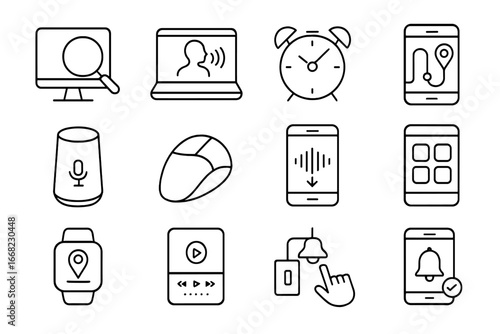 Assistive Tech Icons Grid. Outline vector icons of assistive technology for seniors: magnifying screen, screen