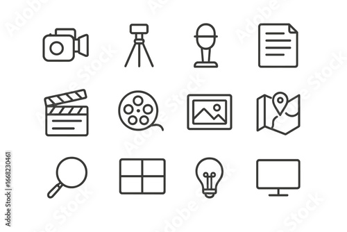 Documentary Tool Icons. Outline icon set of documentary storytelling: camera, tripod, microphone, script,