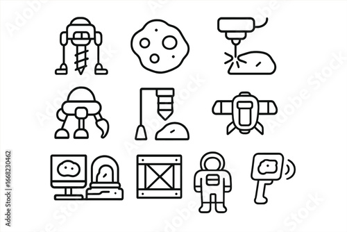 Asteroid Mining Icons. Outline icon set of asteroid mining bases: drilling unit, asteroid rock, laser cutter,