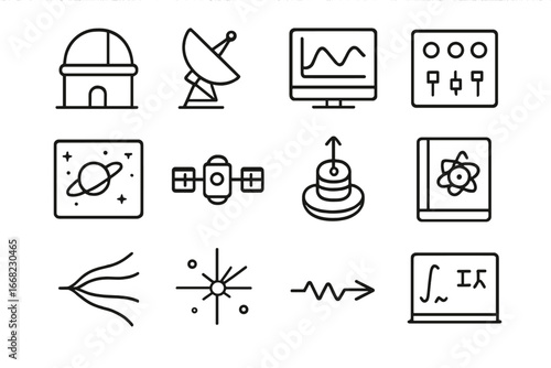 Astrophysics Vector Icons. Outline vector icons of astrophysics research tools: space observatory, radio