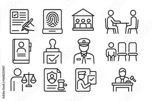 Asylum Process Icons. Outline icon set of asylum application process: form filling, fingerprint scanner,