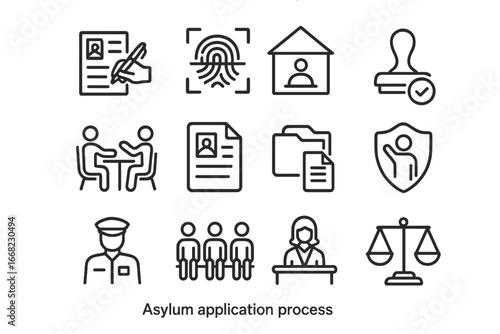 Asylum Process Icons. Outline icon set of asylum application process: form filling, fingerprint scanner,