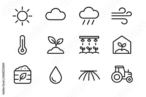 Climate-Resilient Icons Grid. Outline icon set of climate-resilient agriculture: sun, cloud, rain, wind,