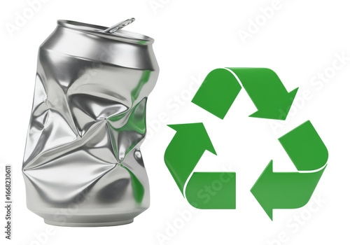 Crushed Silver Can With Green Recycle Symbol on Transparent Black Background