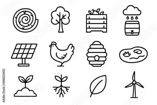Permaculture Icon Set. Outline icon set of permaculture principles: spiral garden, tree, compost bin, rain