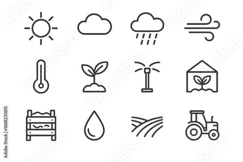Climate-Resilient Icons Grid. Outline icon set of climate-resilient agriculture: sun, cloud, rain, wind,