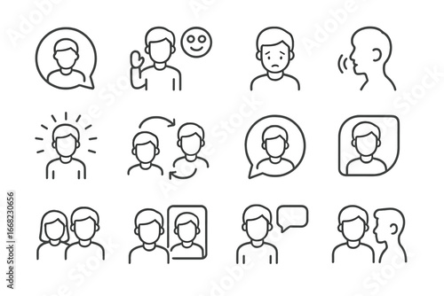 Avatar Communication Icons. Outline vector icons of avatar-based communication: avatar bubble, virtual emoji,