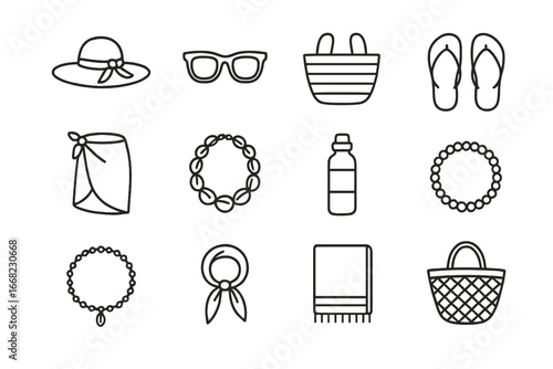 Beach Fashion Icons. Outline icon set of beach fashion accessories: sun hat, sunglasses, beach bag, flip-flops
