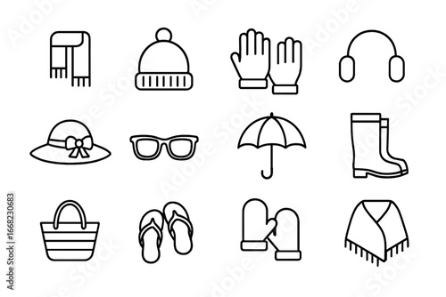 Seasonal Fashion Icons. Outline icon set of seasonal fashion accessories: knit scarf, beanie, gloves, earmuffs