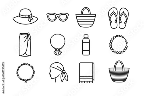 Beach Fashion Icons. Outline icon set of beach fashion accessories: sun hat, sunglasses, beach bag, flip-flops