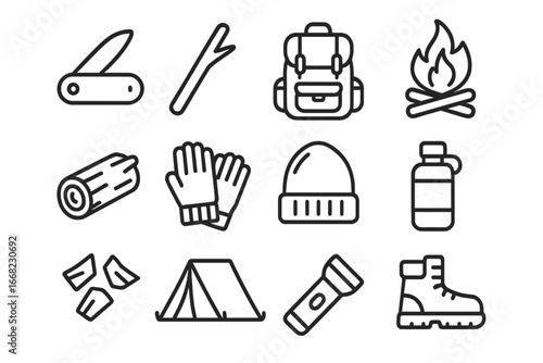 Outdoor Whittling Icon Set. Outline icon set of outdoor whittling: pocket knife, stick, backpack, campfire,