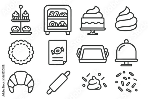 Bakery Icons Display. Outline icon set of bakery shop window design: cupcake stand, pastry shelf, cake icon,