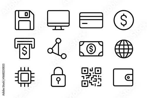 Digital Currency Icons. Outline icon set of digital currency origins: floppy disk, computer, credit card, coin