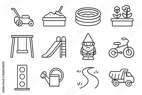 Backyard Playtime Icons. Outline icon set of backyard playtime: lawnmower, sandbox, kiddie pool, flower bed,