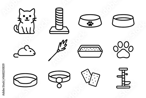Office Cat Icons. Outline icon set of office cats: cat, scratching post, food bowl, water bowl, toy mouse,
