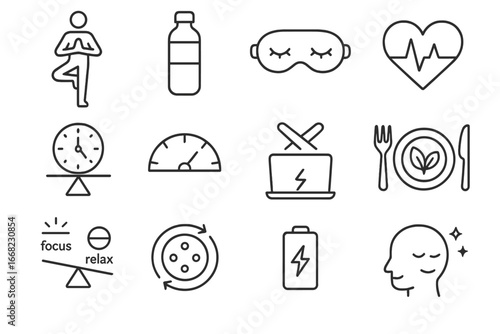Balanced Life Icons. Outline vector icons of balanced goal pursuit: yoga pose, water bottle, sleep mask, heart