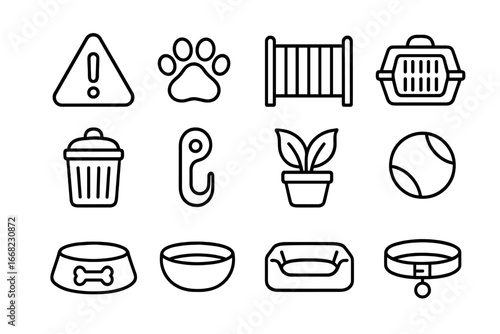 Pet Safety Icons. Outline icon set of workplace pet safety: warning sign, paw print, pet gate, crate, covered