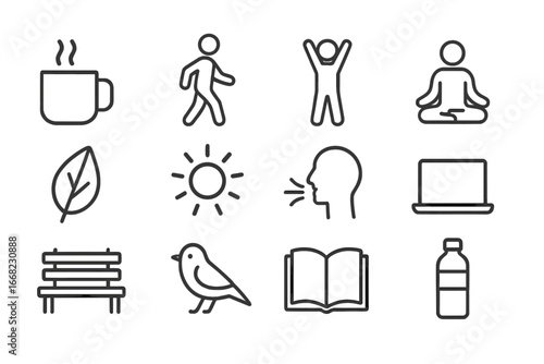 Balanced Work Break Icons. Outline icon set of balanced work breaks: tea mug, walking figure, stretch icon,