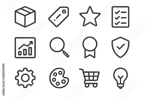 Product Icon Set. Outline icon set of product differentiation: product box, unique tag, star, checklist, chart