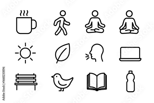 Balanced Work Break Icons. Outline icon set of balanced work breaks: tea mug, walking figure, stretch icon,