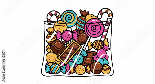 Vibrant collection of sugary confections, including lollipops, chocolates, and wrapped candies, packed together in a clear glass container for a festive and delicious visual treat
