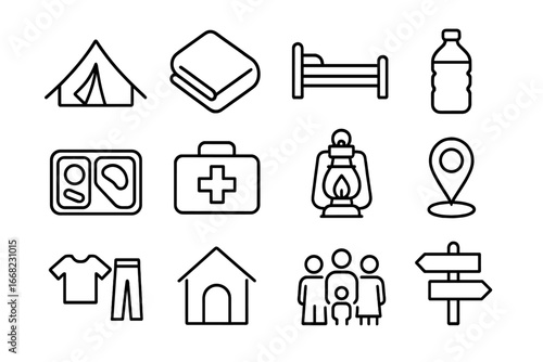 Refugee Shelter Icon Set. Outline icon set of refugee shelters: tent, blanket, bed, water bottle, food tray,