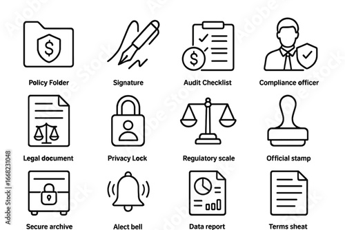 Banking Compliance Icons. Outline icon set of banking compliance and regulation: policy folder, signature icon