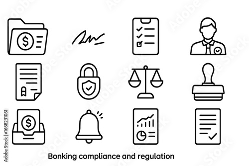 Banking Compliance Icons. Outline icon set of banking compliance and regulation: policy folder, signature icon