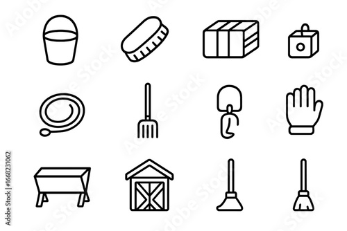 Barn Animal Care Icons. Outline icon set of animal care in barn: feed bucket, brush, hay bale, rope, pitchfork