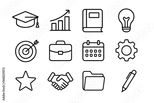 Professional Growth Icons. Outline icon set of professional growth: graduation cap, chart, book, light bulb,