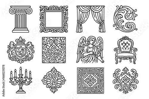 Baroque Icon Aesthetics. Outline icon set of baroque-inspired aesthetics: curling columns, gilded frame,