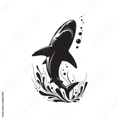 Majestic great white shark breaches ocean surface amidst water splashes and bubbles