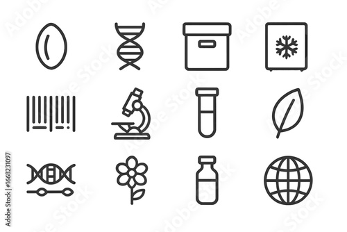 Gene Bank Icons. Outline icon set of gene bank preservation: seed, DNA strand, storage box, freezer, barcode,