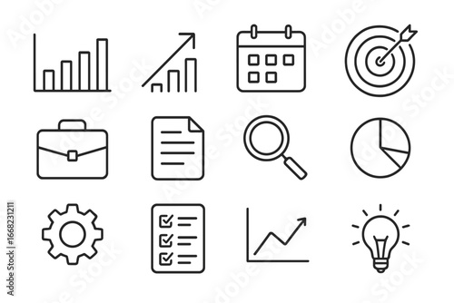 Sales Skills Icons. Outline icon set of sales forecasting skills: chart, arrow up, calendar, target, briefcase