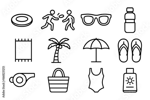 Beach Frisbee Icons. Outline icon set of beach frisbee: frisbee disc, players, sunglasses, water bottle, beach