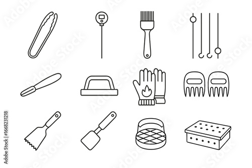 BBQ Tool Icons. Outline icon set of grilling and BBQ tools: combo tongs, meat thermometer, basting brush,