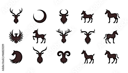 Stylized brown silhouettes of animals and celestial shapes in a minimalist design