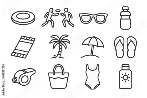 Beach Frisbee Icons. Outline icon set of beach frisbee: frisbee disc, players, sunglasses, water bottle, beach