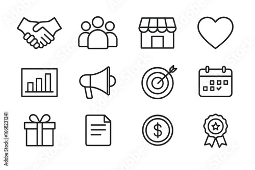 Community Engagement Icons. Outline icon set of local community engagement: handshake, group, store, heart,