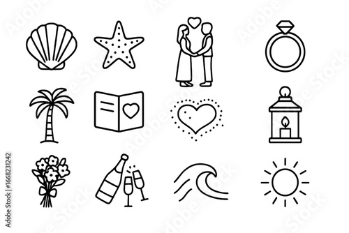 Beach Vow Icons. Outline icon set of beach vow ceremonies: seashell, starfish, barefoot couple, ring, palm