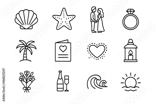 Beach Vow Icons. Outline icon set of beach vow ceremonies: seashell, starfish, barefoot couple, ring, palm